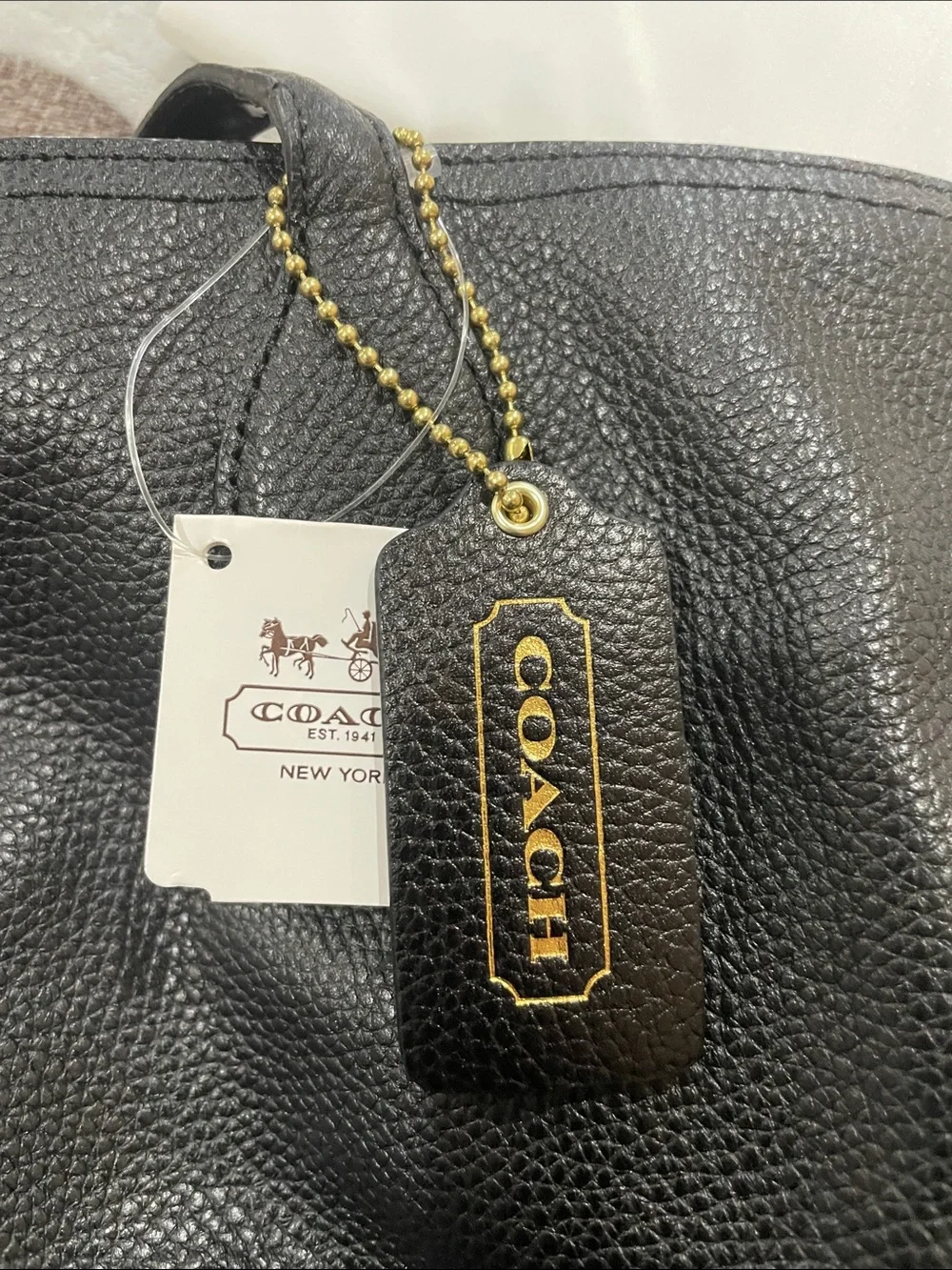 Coach Black Pebbled Leather Tote with Branded Tag
